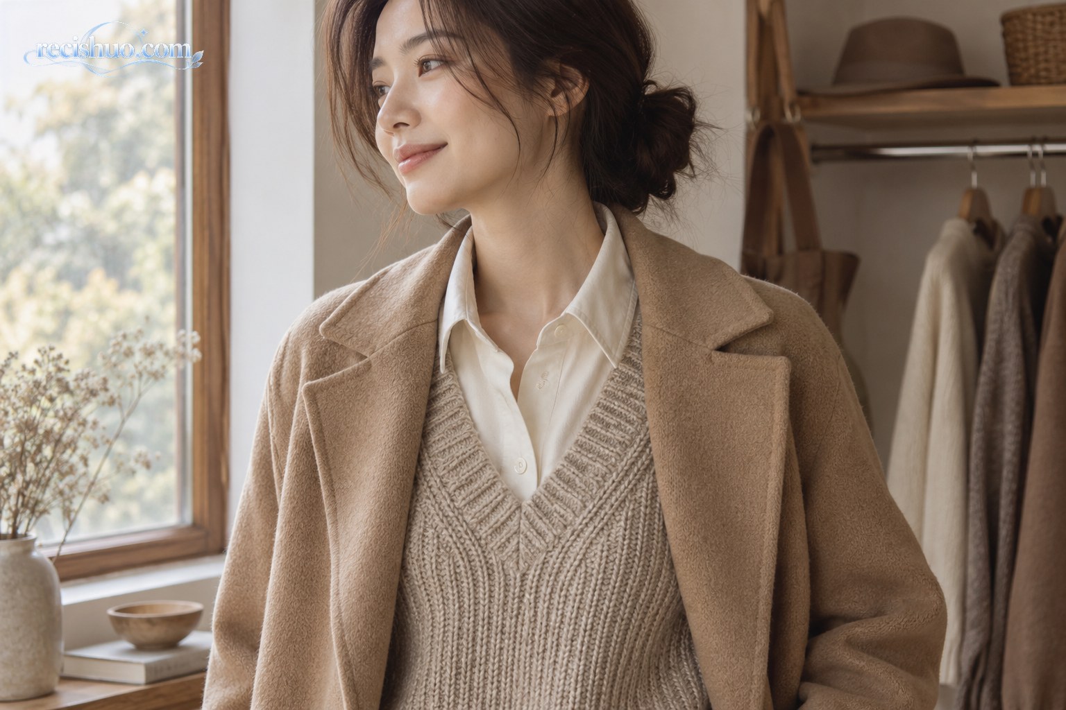 窗边女性以白衬衫、燕麦色针织背心和驼色大衣展示同色系材质叠穿