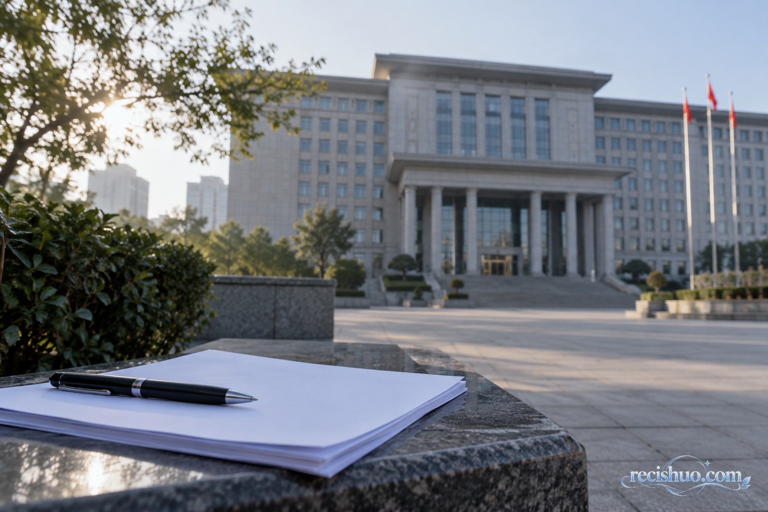 政务办公建筑前摆放着空白材料与钢笔,呈现公共事件等待核查和回应的场景