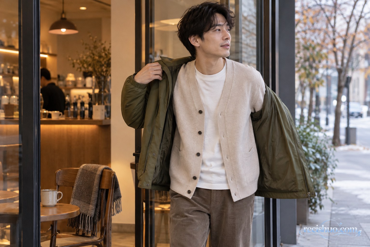 咖啡店门口男子脱下橄榄绿外套展示白色打底与米色开衫的三层穿搭