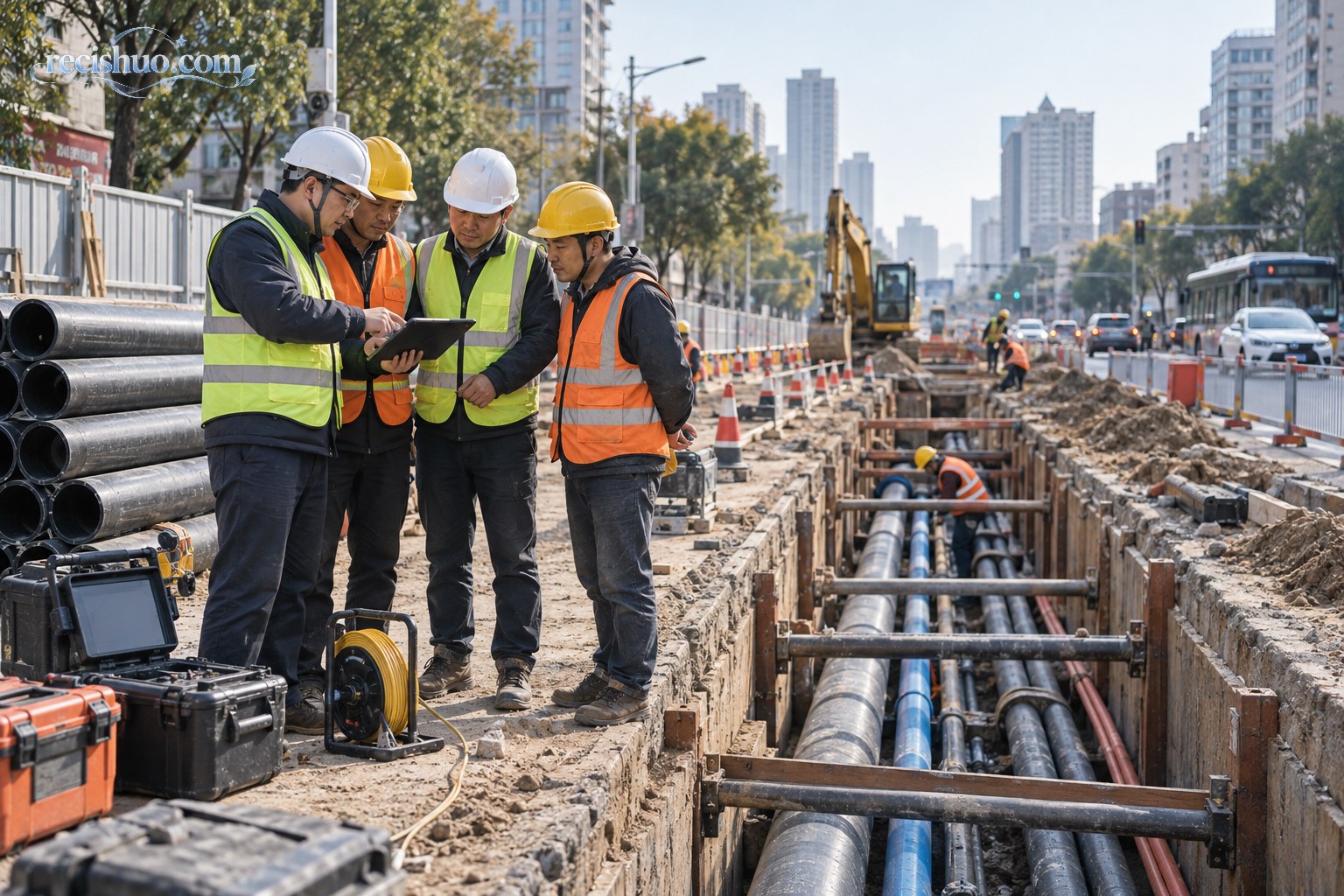 市政工程人员在城市道路管网改造现场协同核查施工方案
