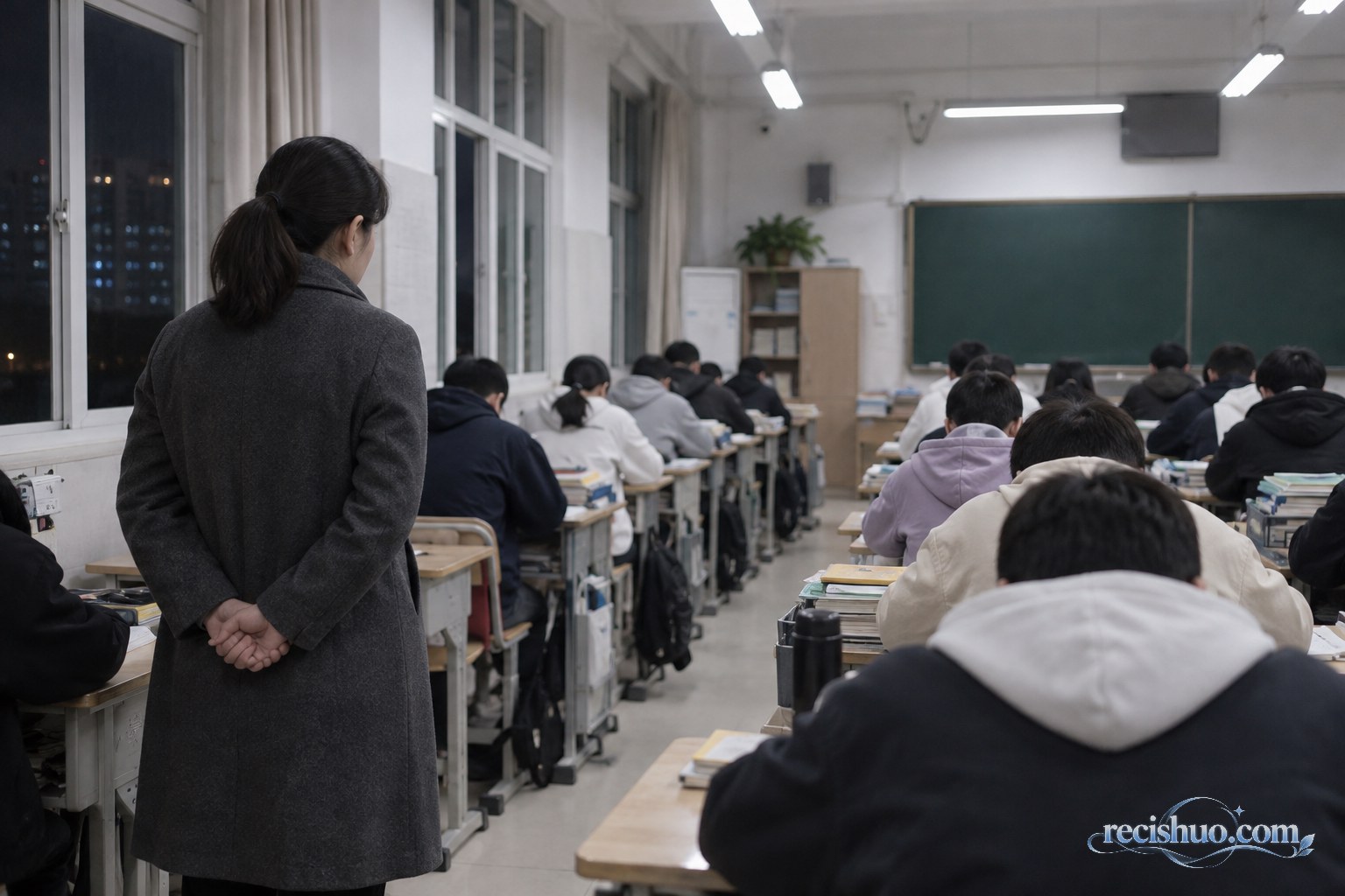 夜间教室里,一名成年家长在后排巡视正在自习的学生