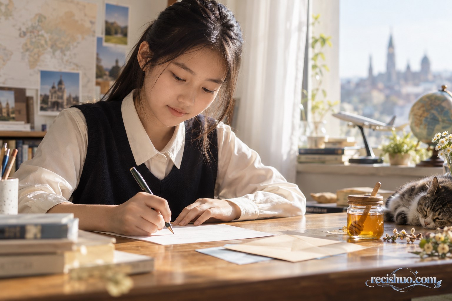 中国少女在窗边书桌前写信,桌上摆着信封与一小瓶蜂蜜