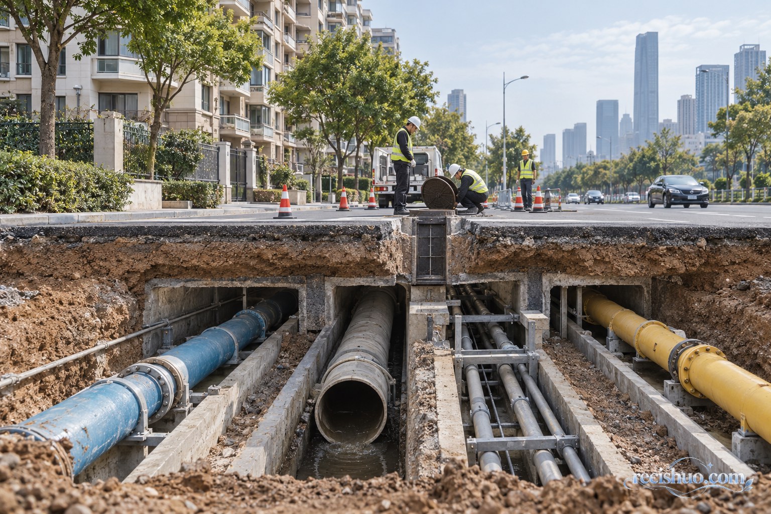 城市道路与地下供水排水燃气等管线剖面及市政人员检修场景