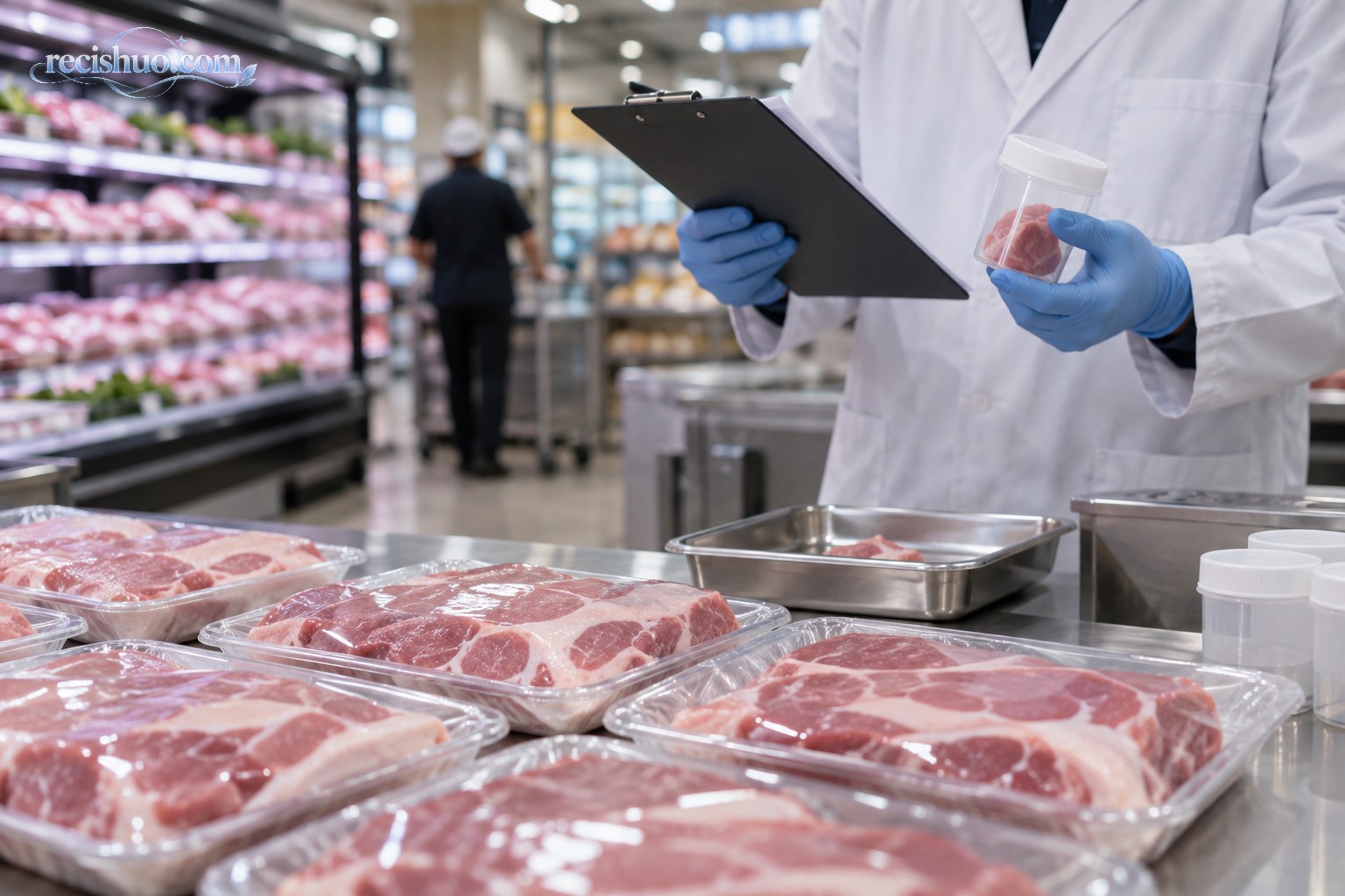 冷鲜肉销售区域内,检验人员手持猪肉样品与记录板进行检查