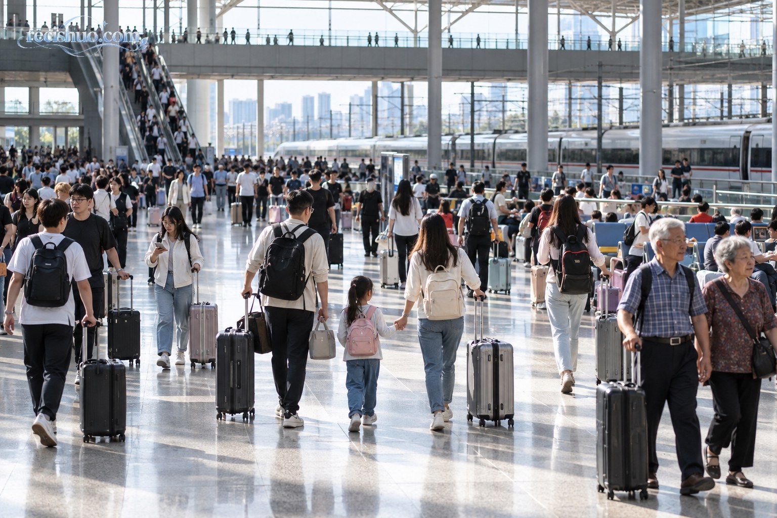 国庆假期大型高铁站内携带行李的旅客有序通行