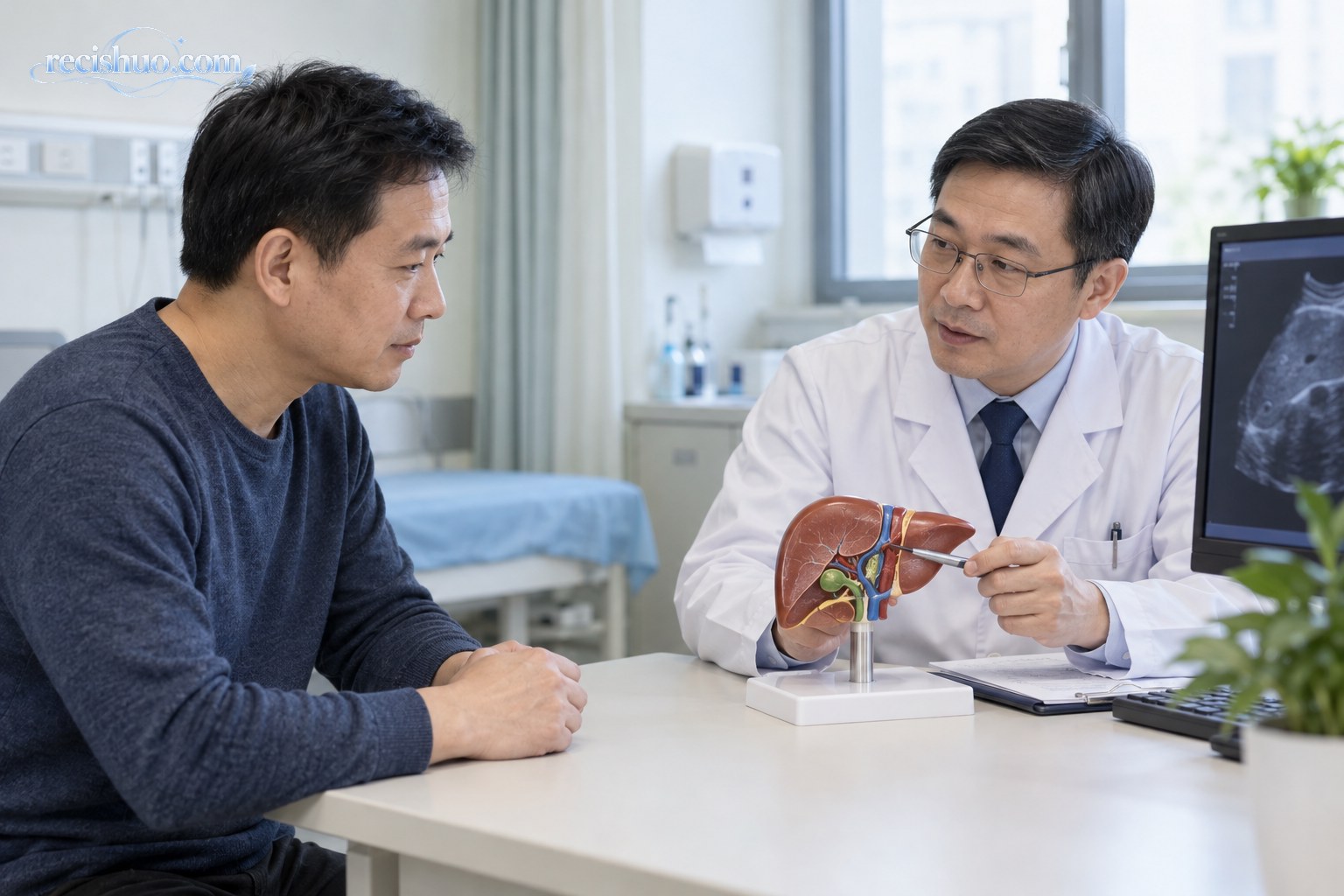 医生在诊室用肝脏模型向成年就诊者讲解肝癌早期筛查