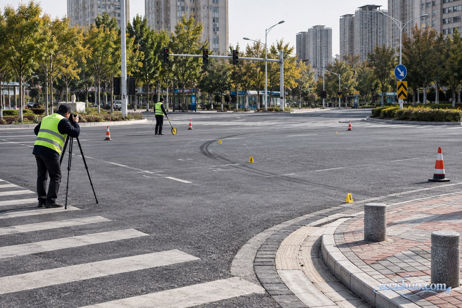 调查人员在城市路口测量道路并记录现场痕迹