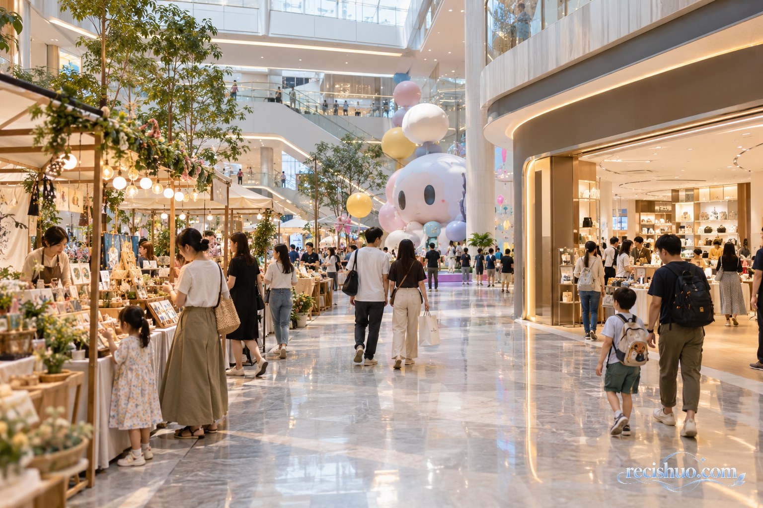 现代商场内主题市集、体验店与原创艺术装置共同构成多层次消费场景