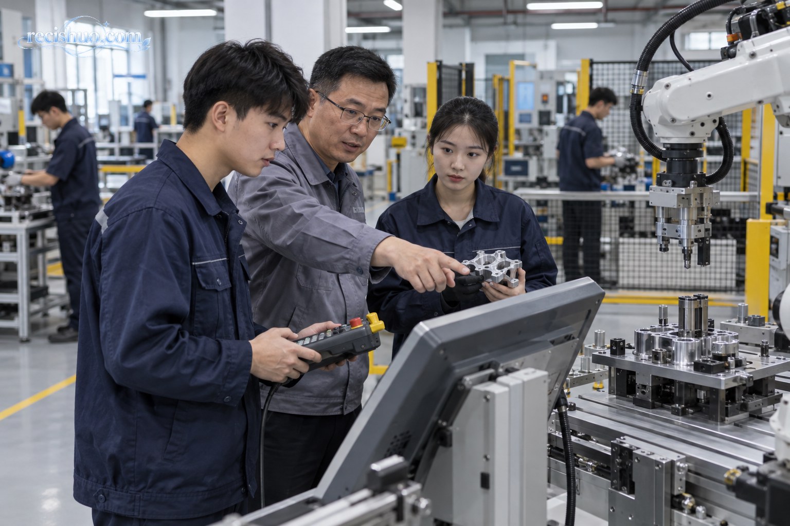智能制造实训车间内,教师指导青年学员操作设备并检查零部件