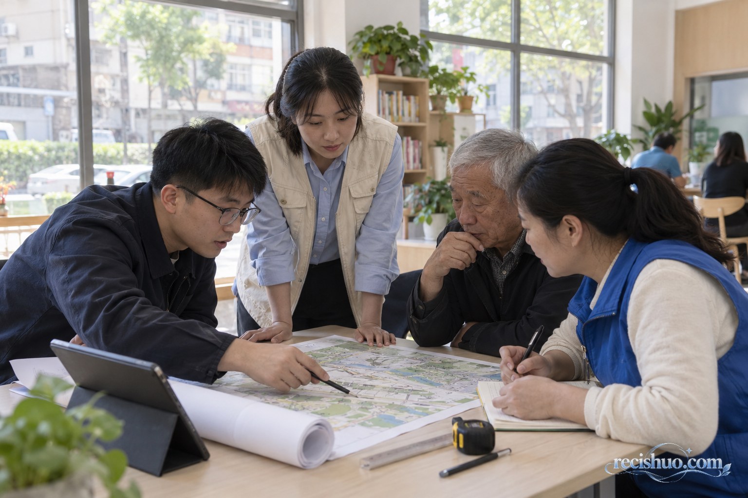 社区工作人员与居民围绕地图共同讨论解决方案