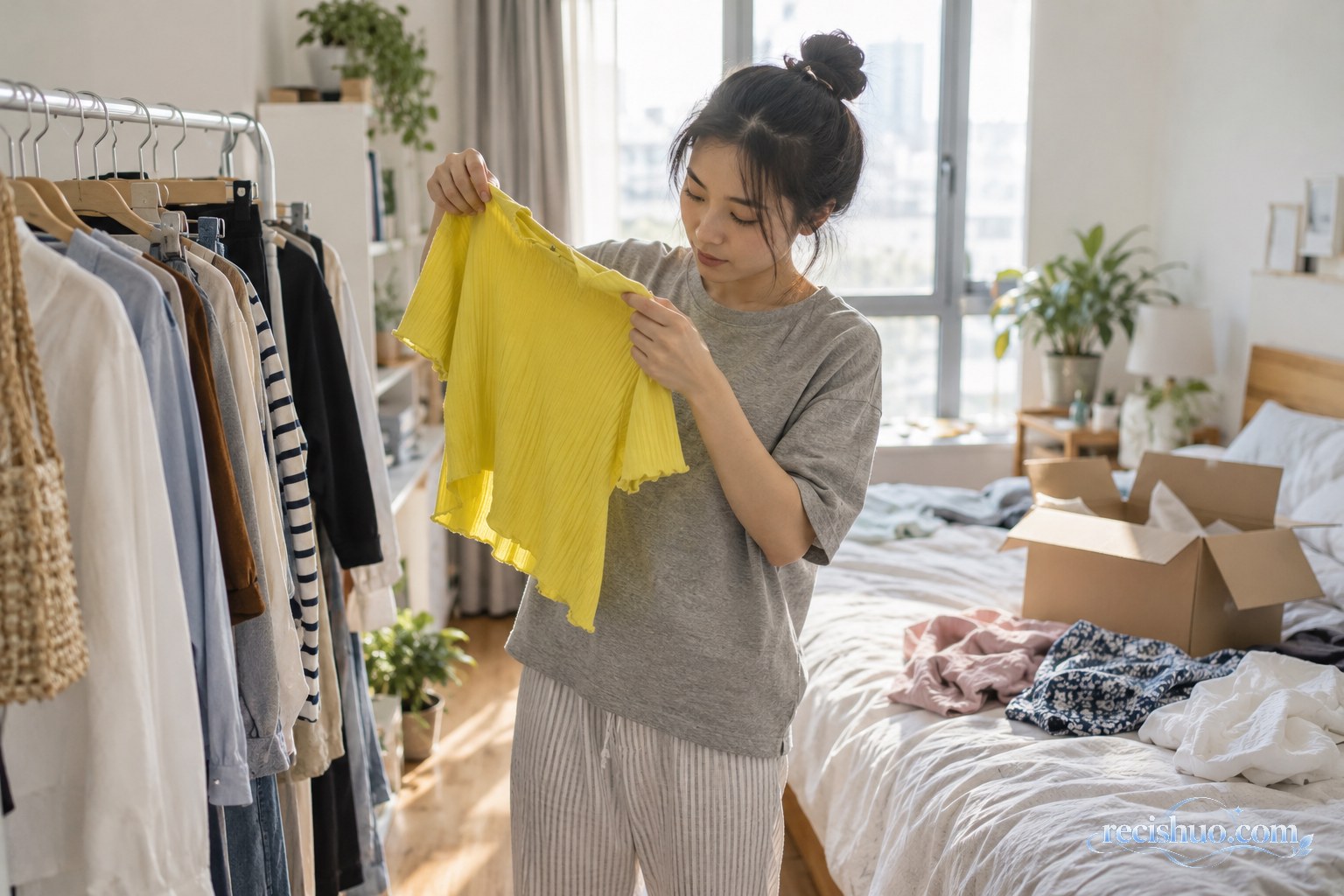 年轻女性在家中衣架前检查一件亮黄色上衣的面料与缝线
