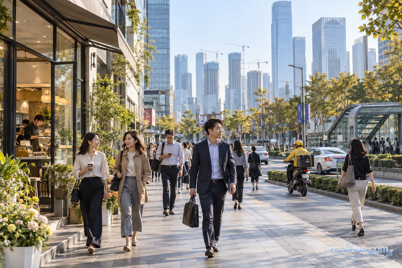 清晨城市商业街上通勤、购物与配送活动有序展开的真实场景