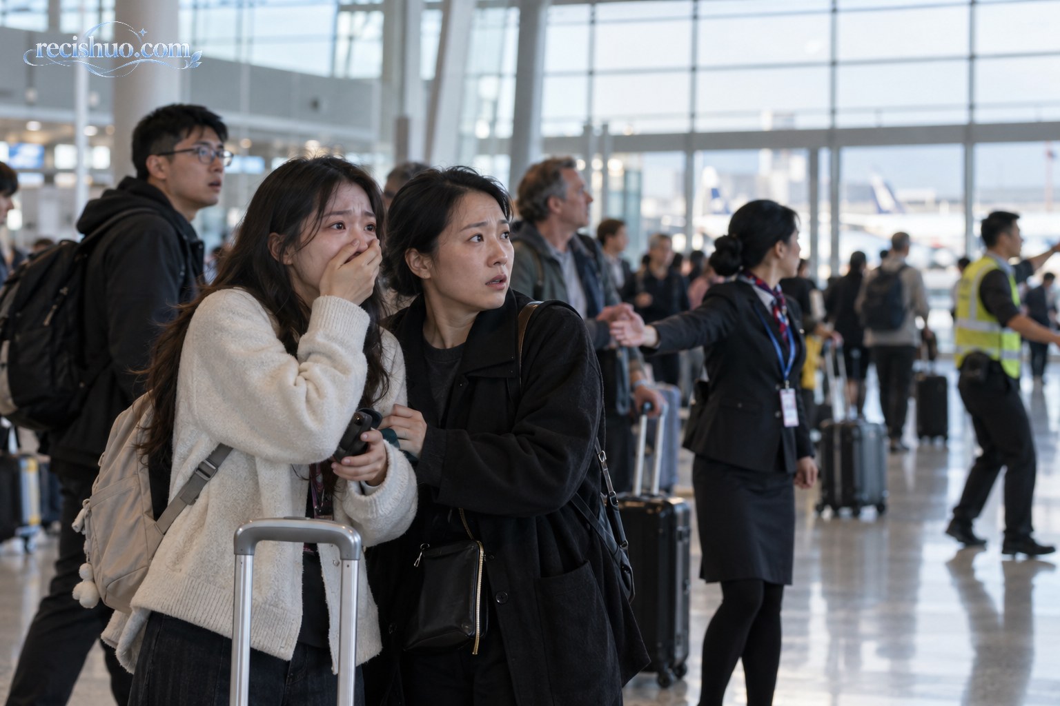 现代机场航站楼内,一名受到突发巨响惊吓的年轻旅客在同伴陪伴下观察现场情况