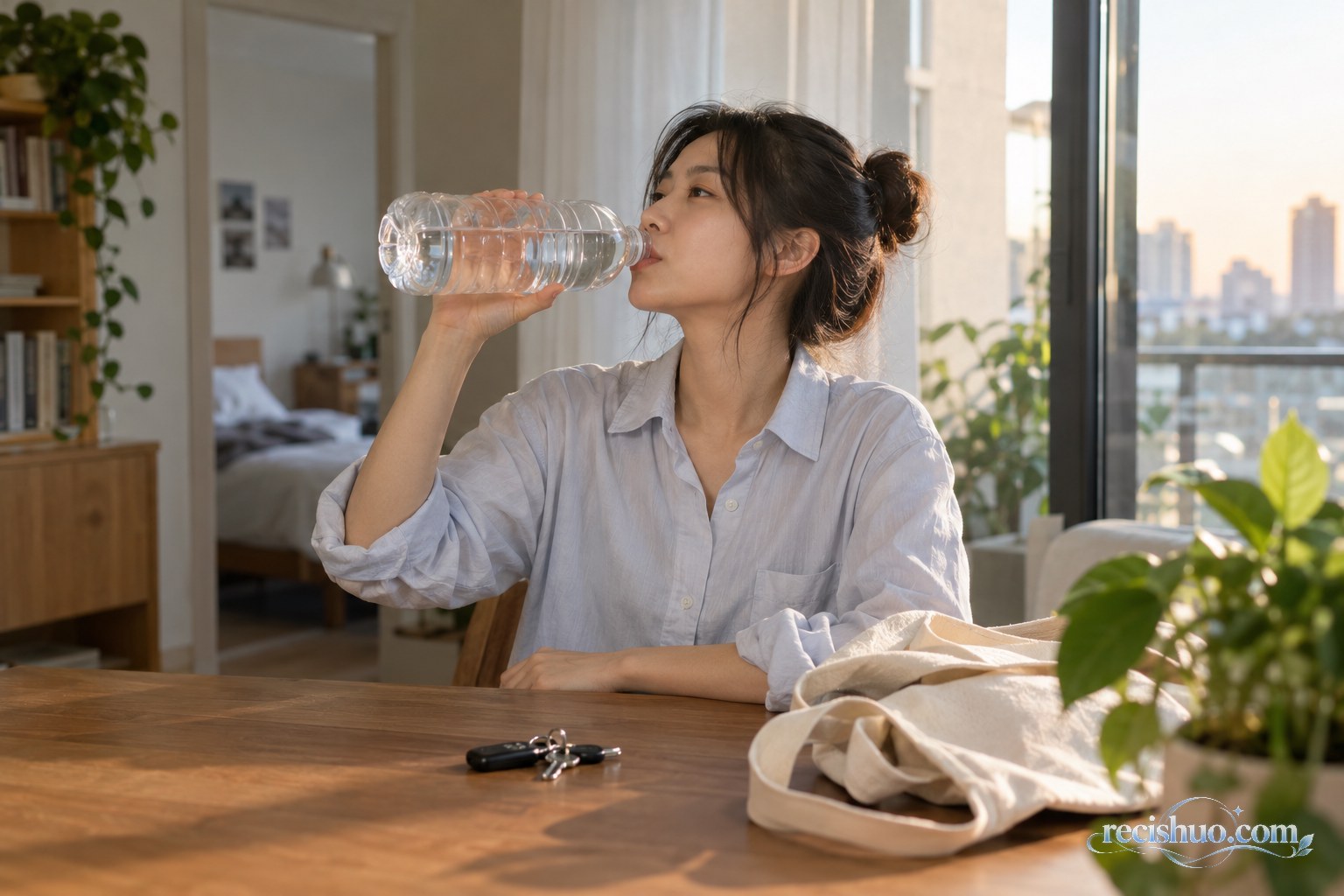 年轻人在自然窗光下手持无标签大容量水瓶饮水