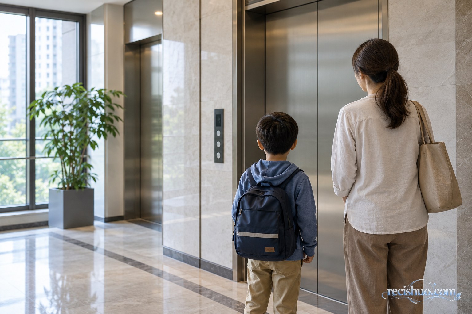 明亮住宅电梯厅内,一名男童在女性监护人陪伴下等待电梯