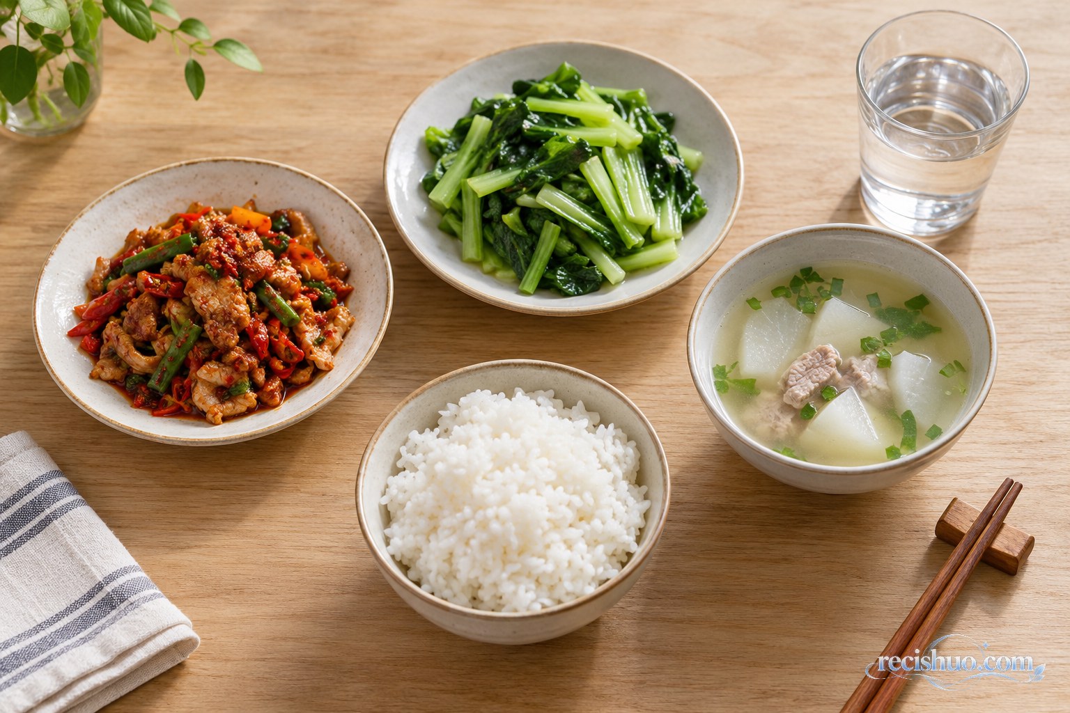 小份香辣菜搭配米饭、青菜、清汤和温水