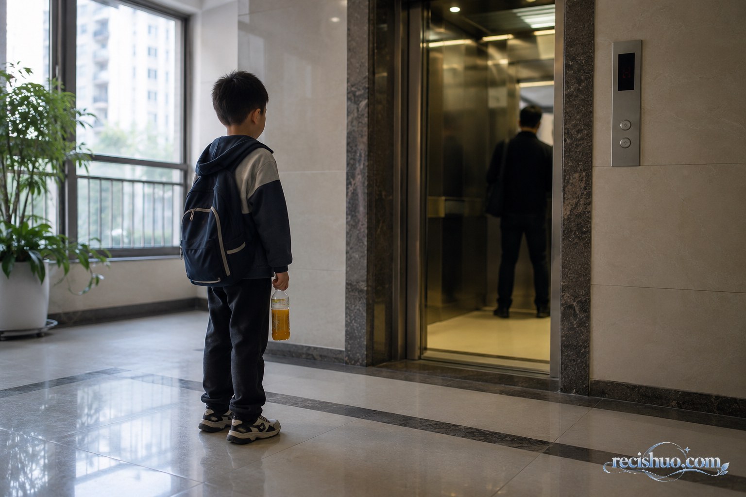 男童提着饮料站在住宅电梯厅,电梯内可见一名成年男子的模糊背影