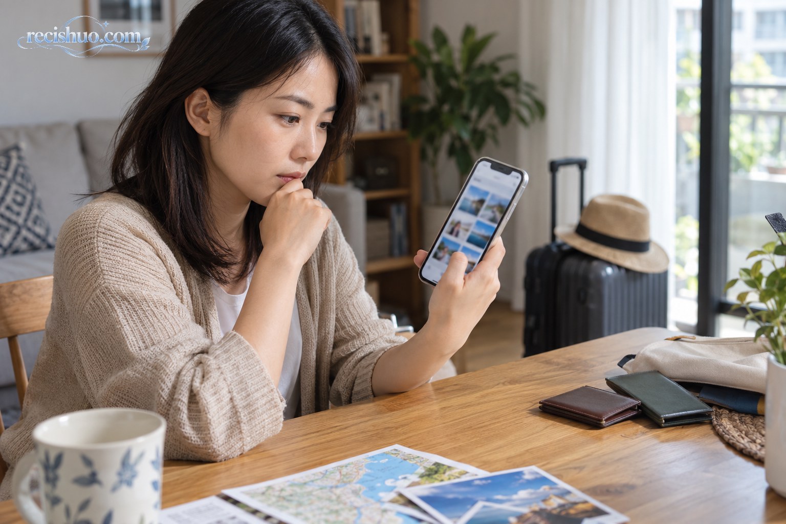 女子在家中查看手机相册并检查旅行照片中的隐私信息