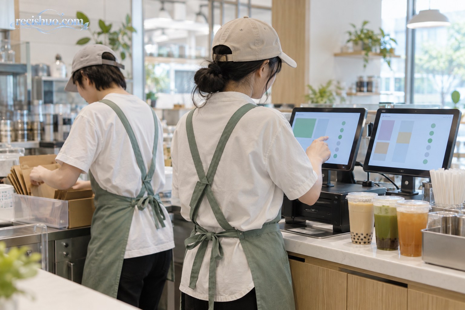 茶饮门店工作人员通过终端核对线上订单状态