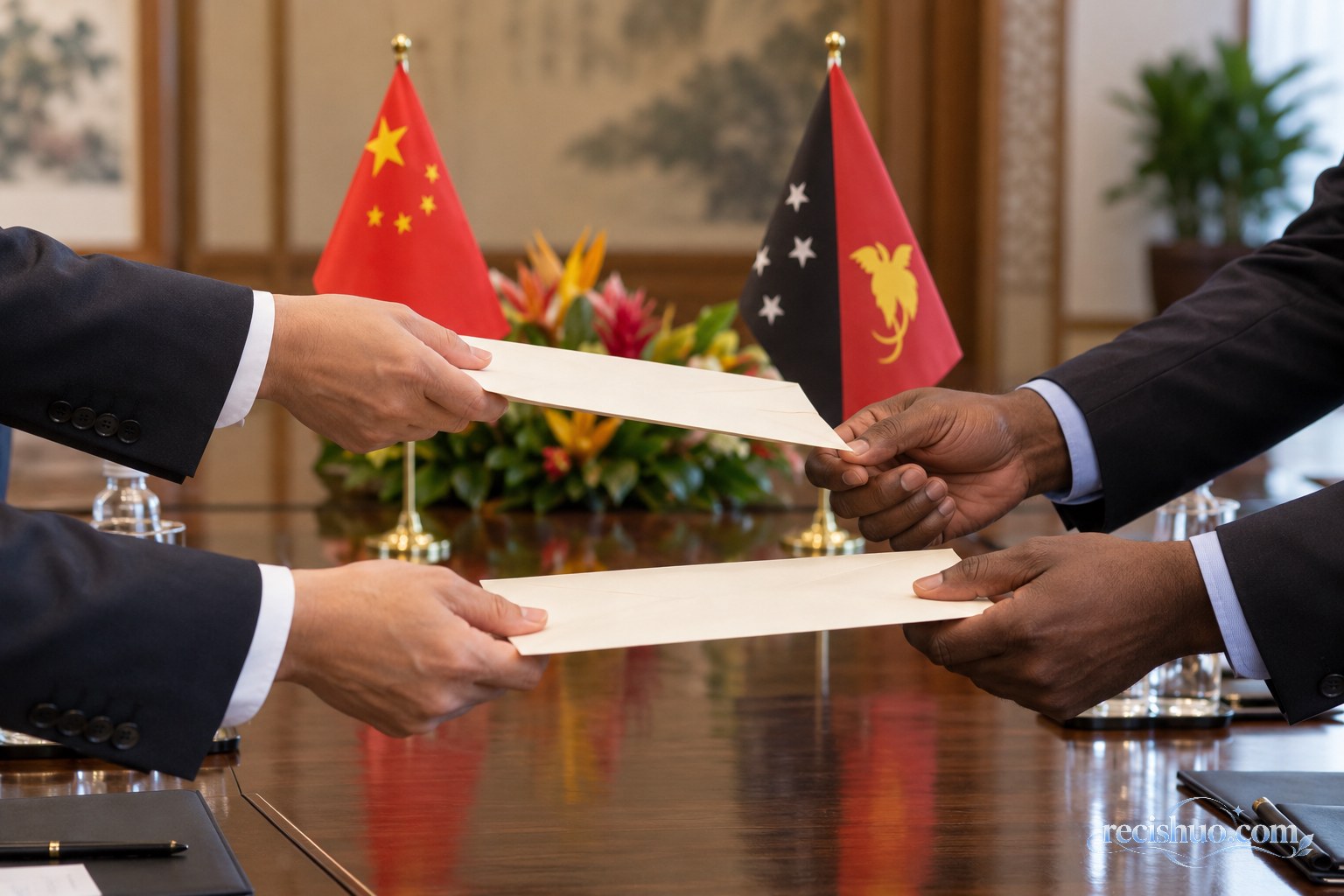 两国外交人员在国旗前郑重交换贺信的象征性场景