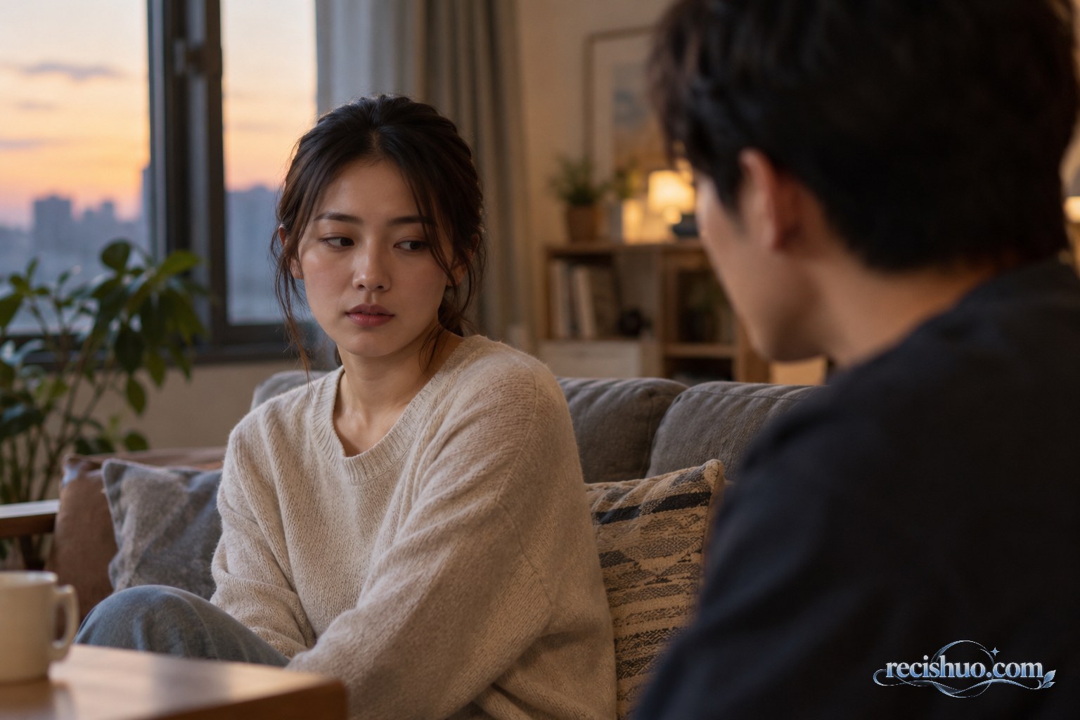 傍晚室内,两名成年人交谈时一方平静移开视线,呈现被注视后的不适与克制