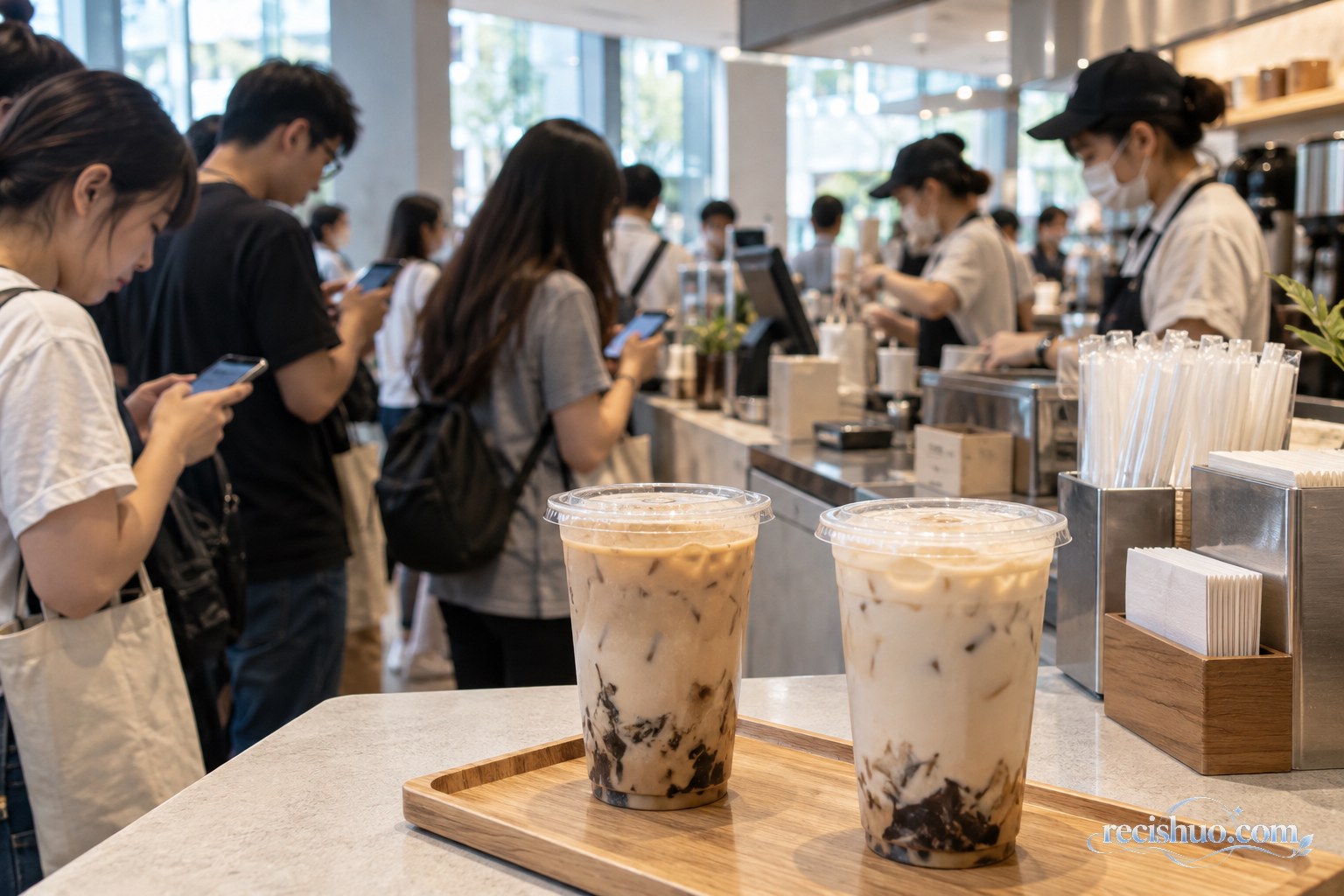 茶饮店内顾客集中使用手机下单,桌面摆放两杯无品牌茶饮