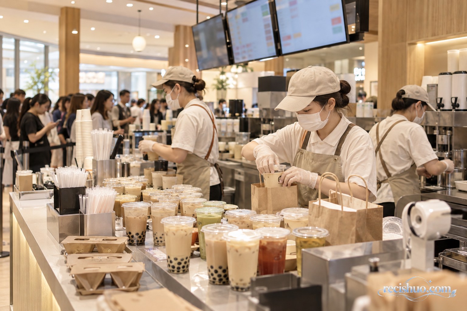 茶饮促销期间店员在摆满饮品的操作台前忙碌制作和打包订单