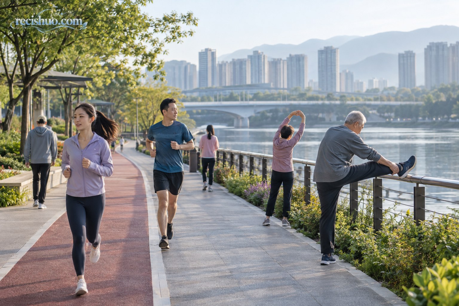 不同年龄居民在城市滨水绿道上进行晨间锻炼