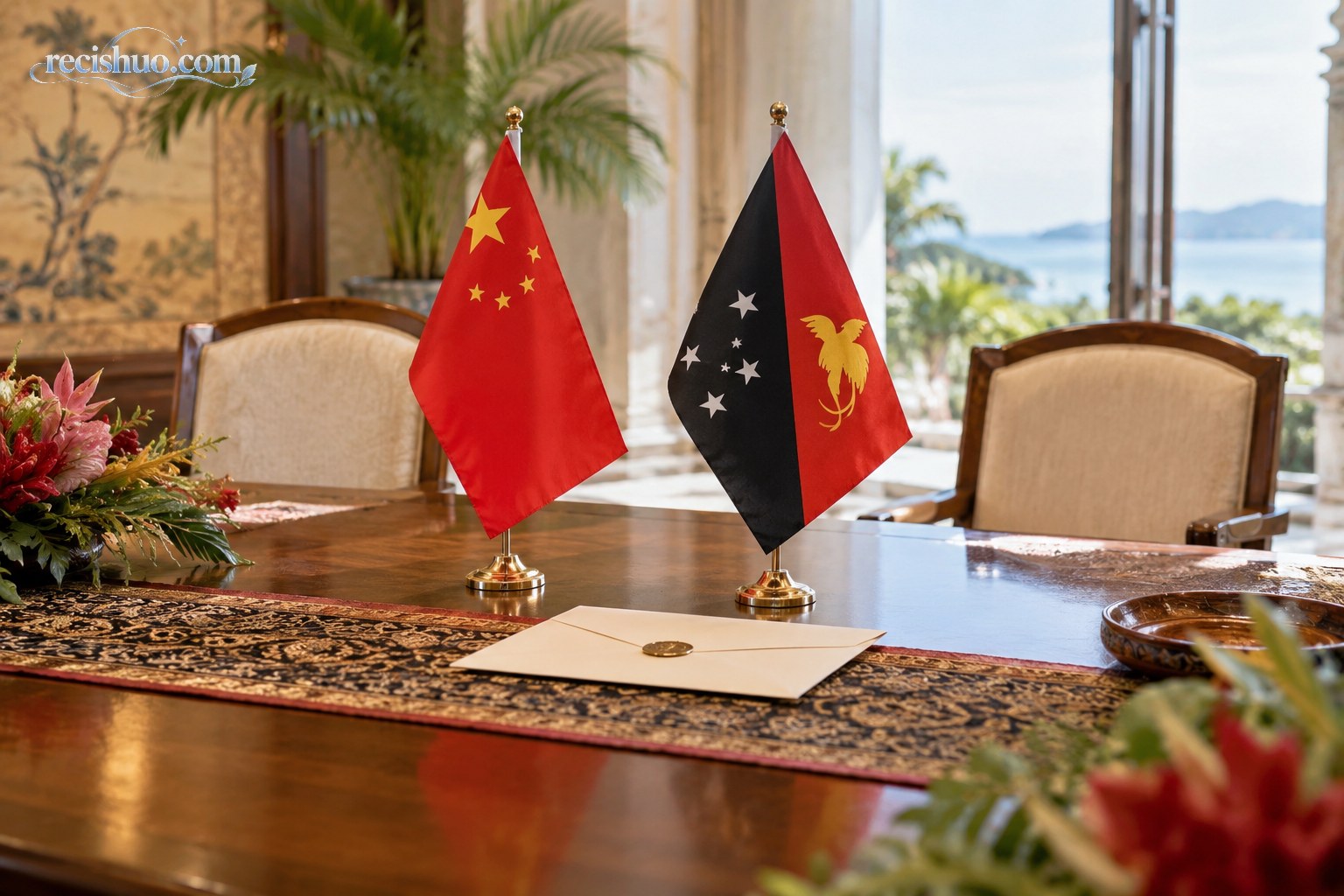 中国与巴布亚新几内亚国旗及贺信置于正式会谈桌上的建交纪念场景