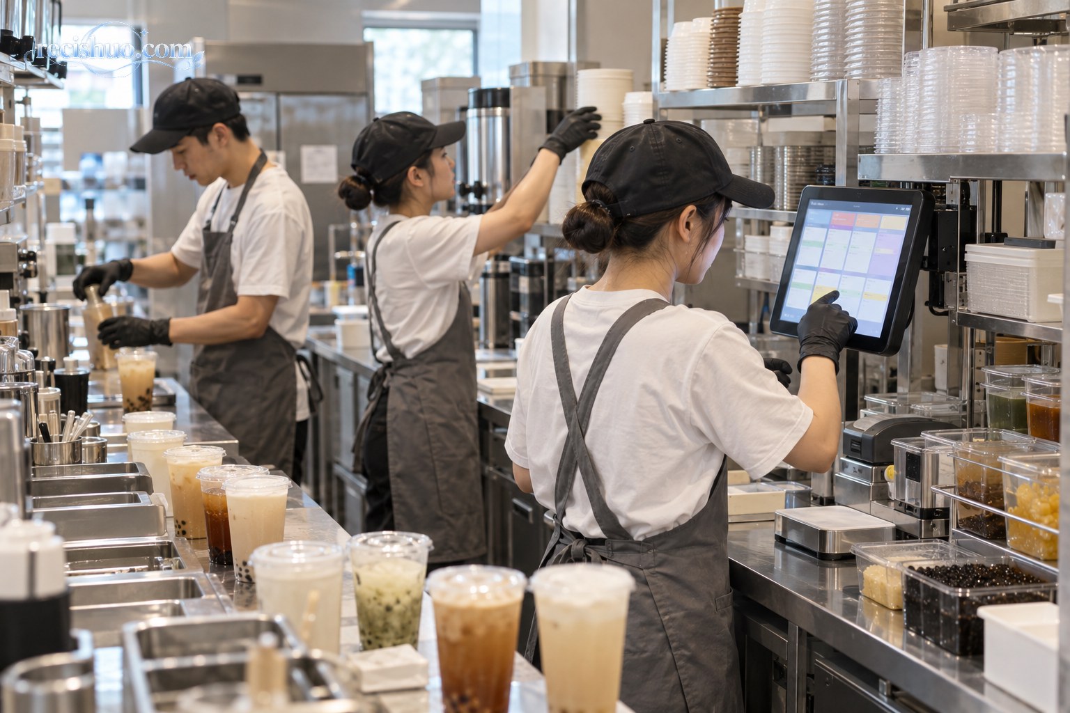 茶饮店员分别核对订单、清点物料并制作饮品