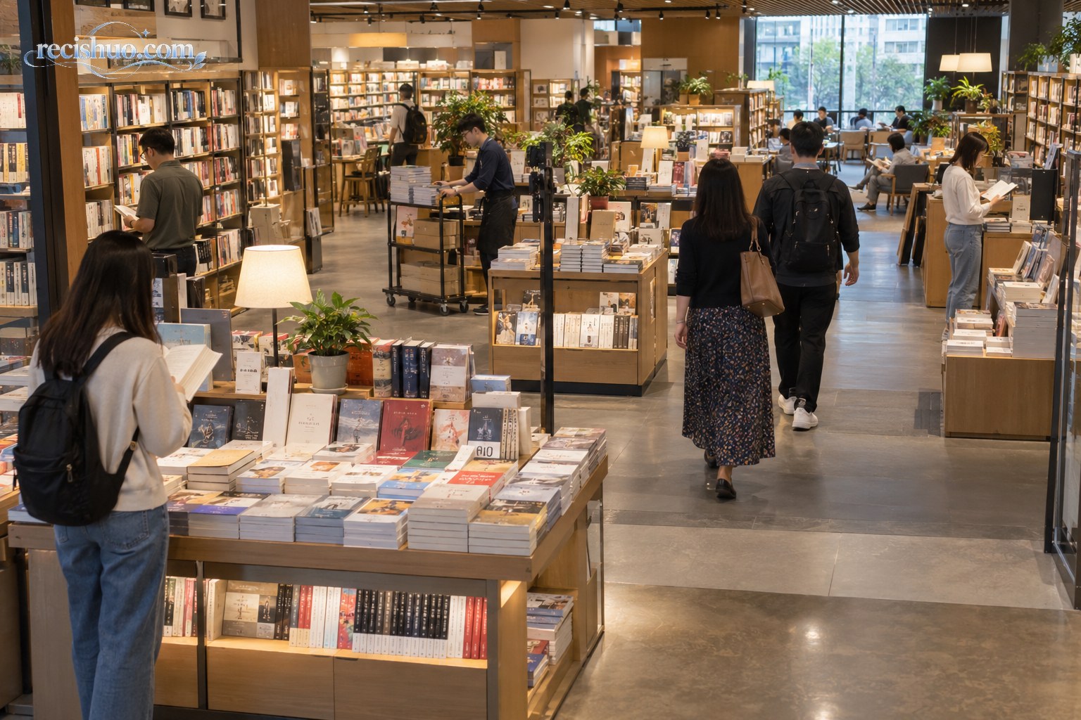 商场书店内的顾客动线、图书陈列与店员补货场景