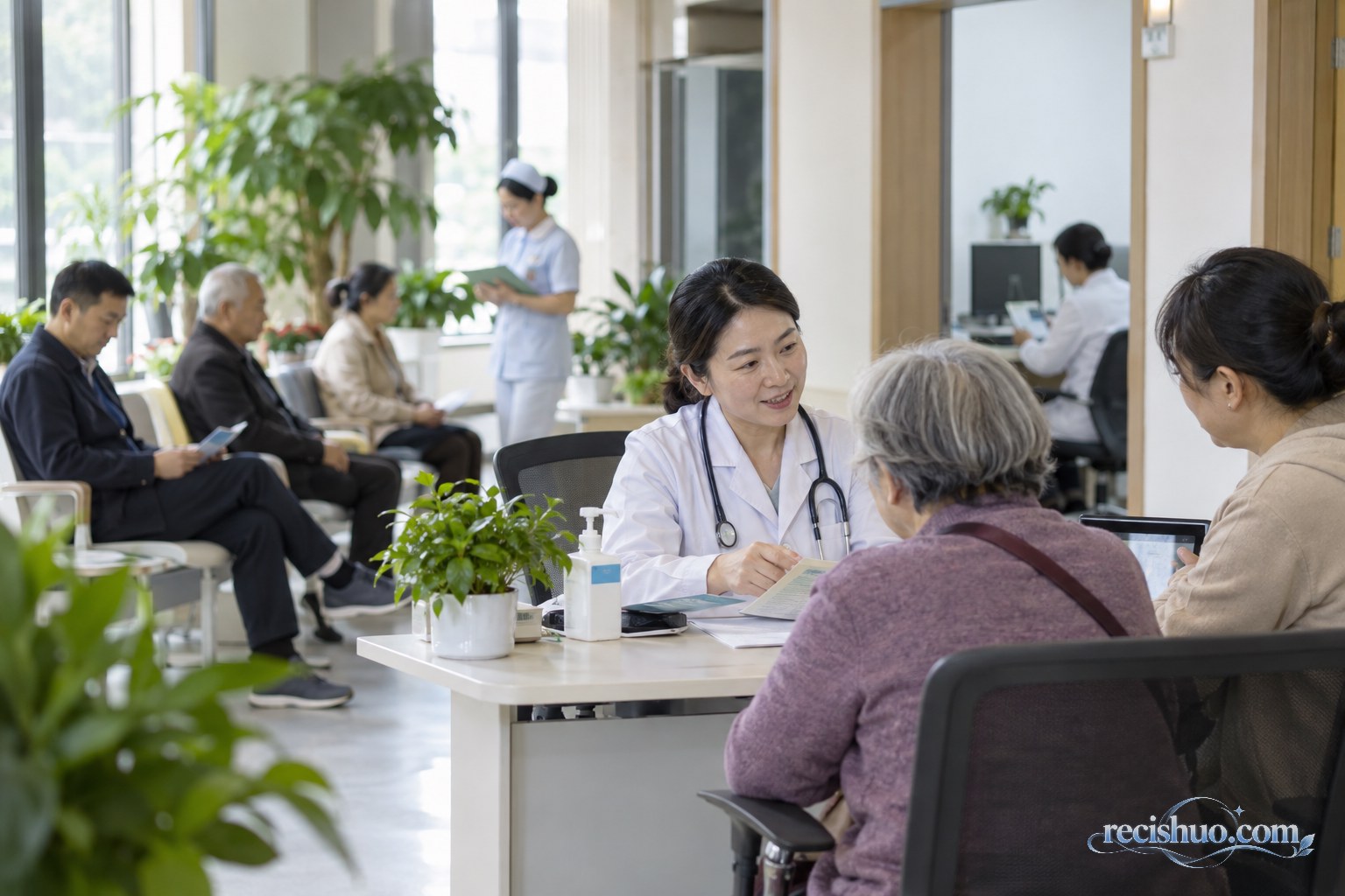 社区健康服务中心内医护人员为居民提供咨询服务
