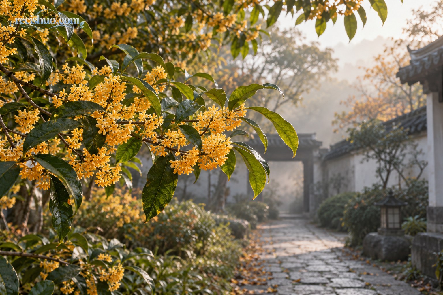 晨光下盛开的金桂枝条与幽静中式庭院秋景