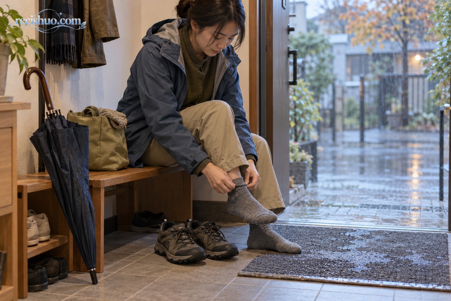 居民在雨天出门前穿好厚袜,并准备防水鞋和雨伞