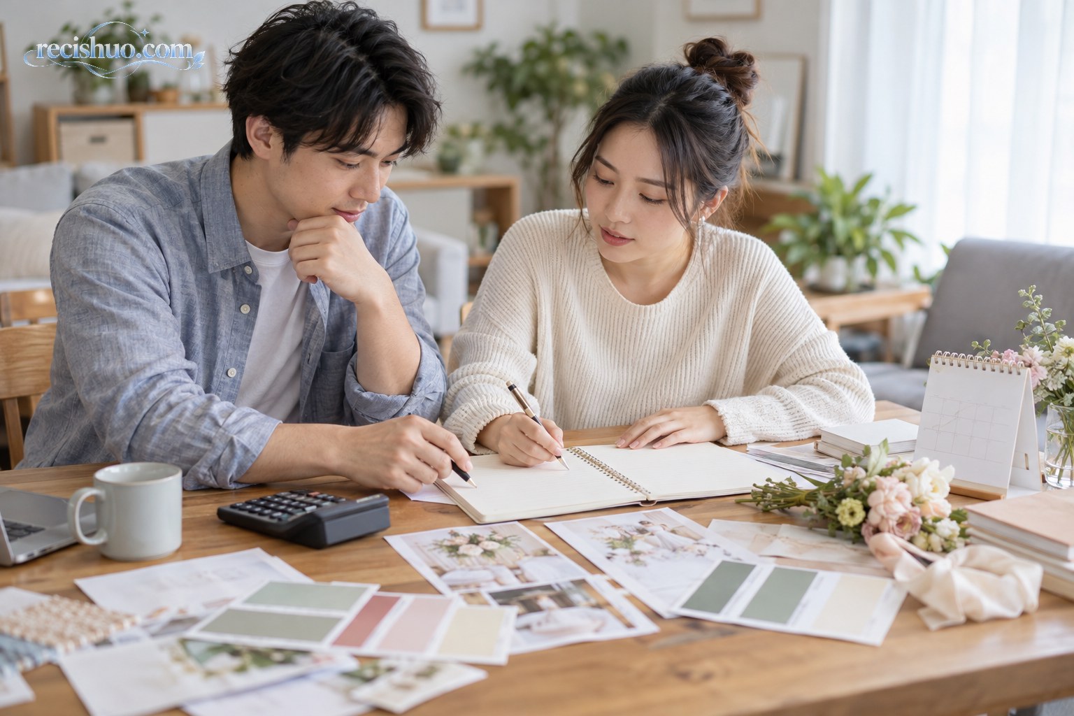 一对年轻人在家中餐桌前借助笔记本和计算器共同规划婚礼