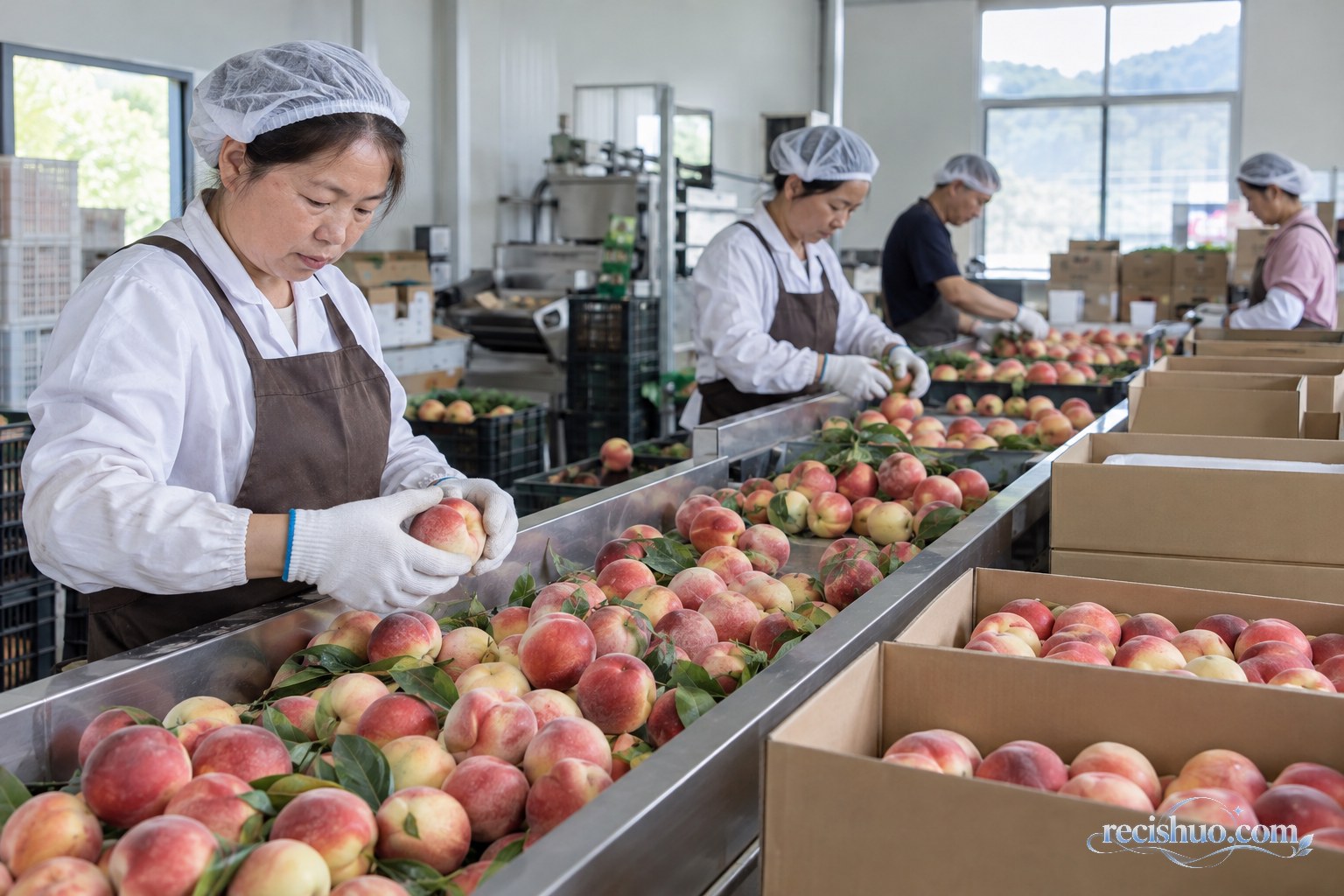 乡村食品加工车间内工人对特色农产品进行分拣和包装