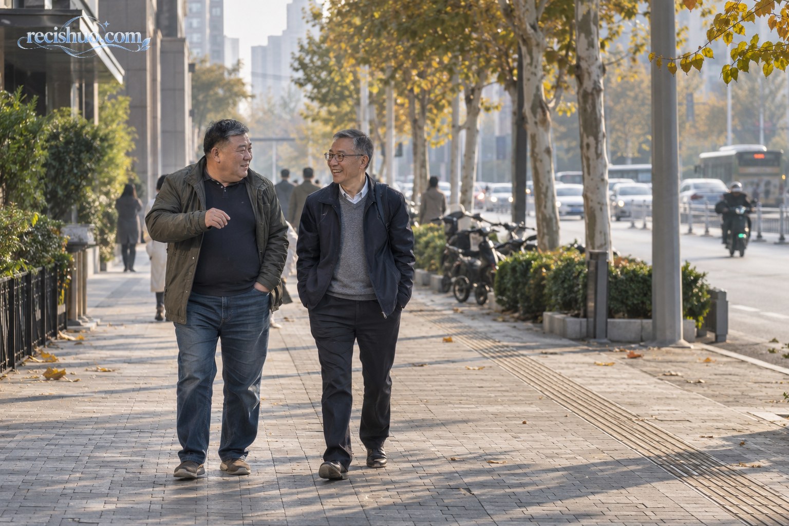 两位多年未见的老友在郑州秋日街头并肩散步交谈