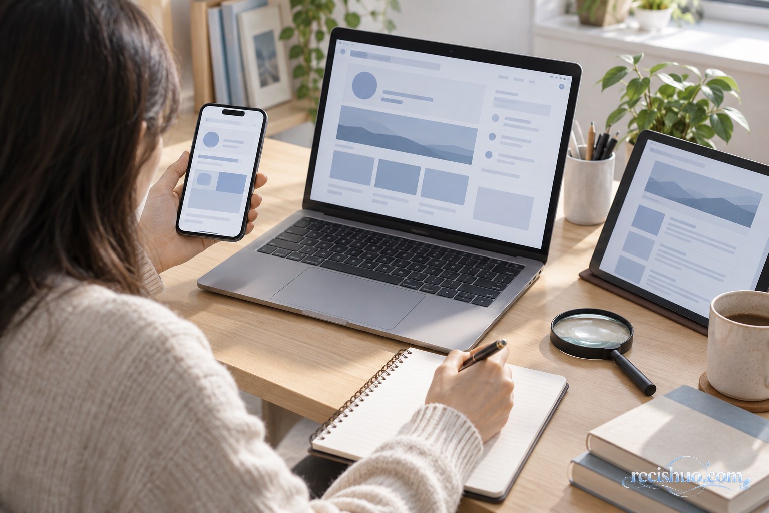 读者在书桌前通过手机、电脑和笔记交叉核验账号状态