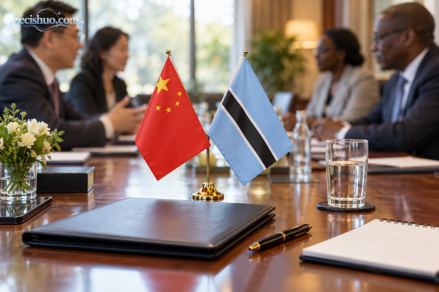 中国与博茨瓦纳桌旗及无字文件夹置于会谈桌上