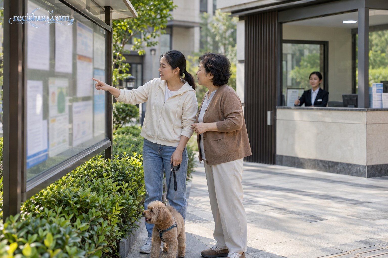 居民在住宅小区公告栏前核对管理信息并友好交流