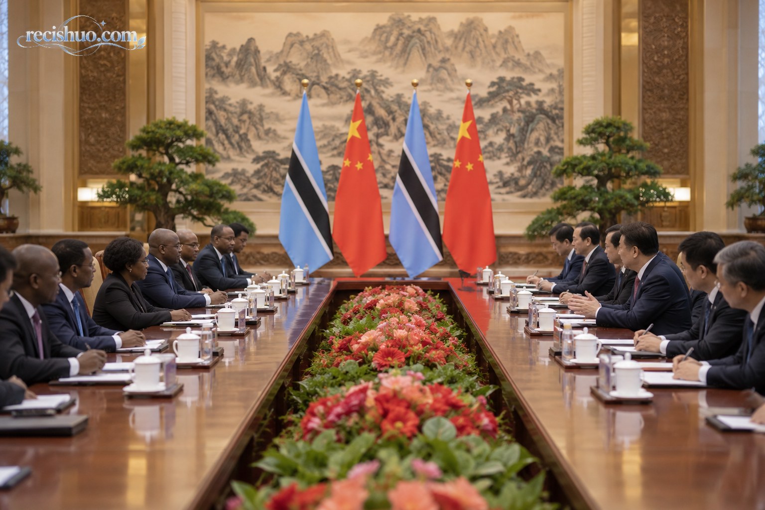 中国与博茨瓦纳代表在庄重会谈厅相对而坐交流