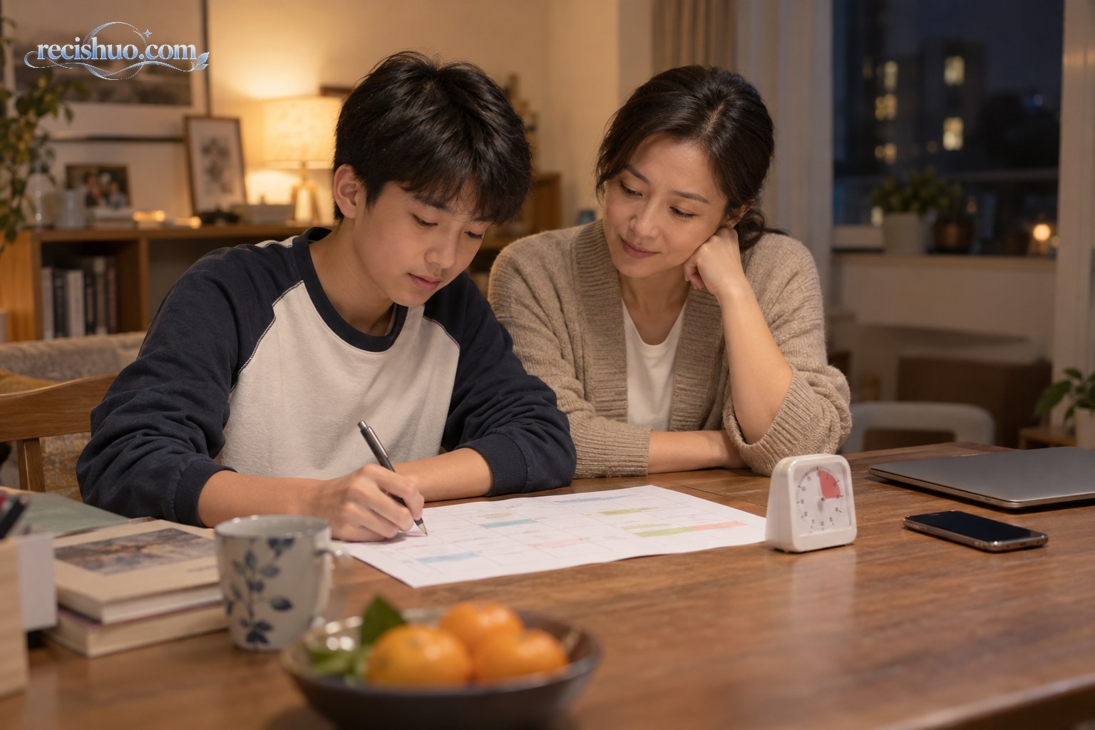家长陪伴孩子制定纸质学习计划,电子设备放在桌角