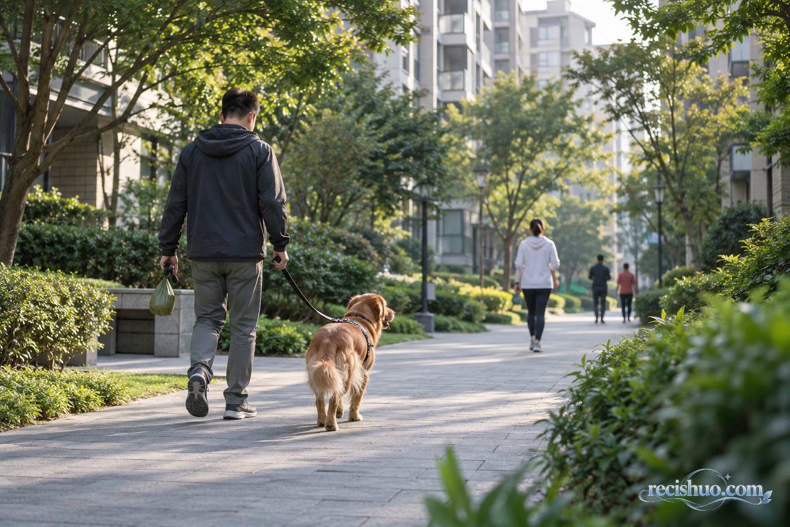 清晨的杭州住宅小区内,居民牵着宠物犬沿绿荫步道散步