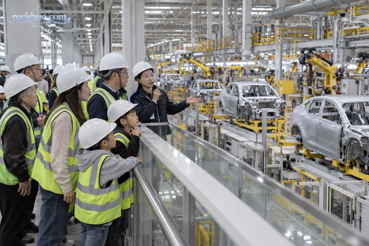 游客在现代汽车工厂参观通道内观看新能源汽车生产线