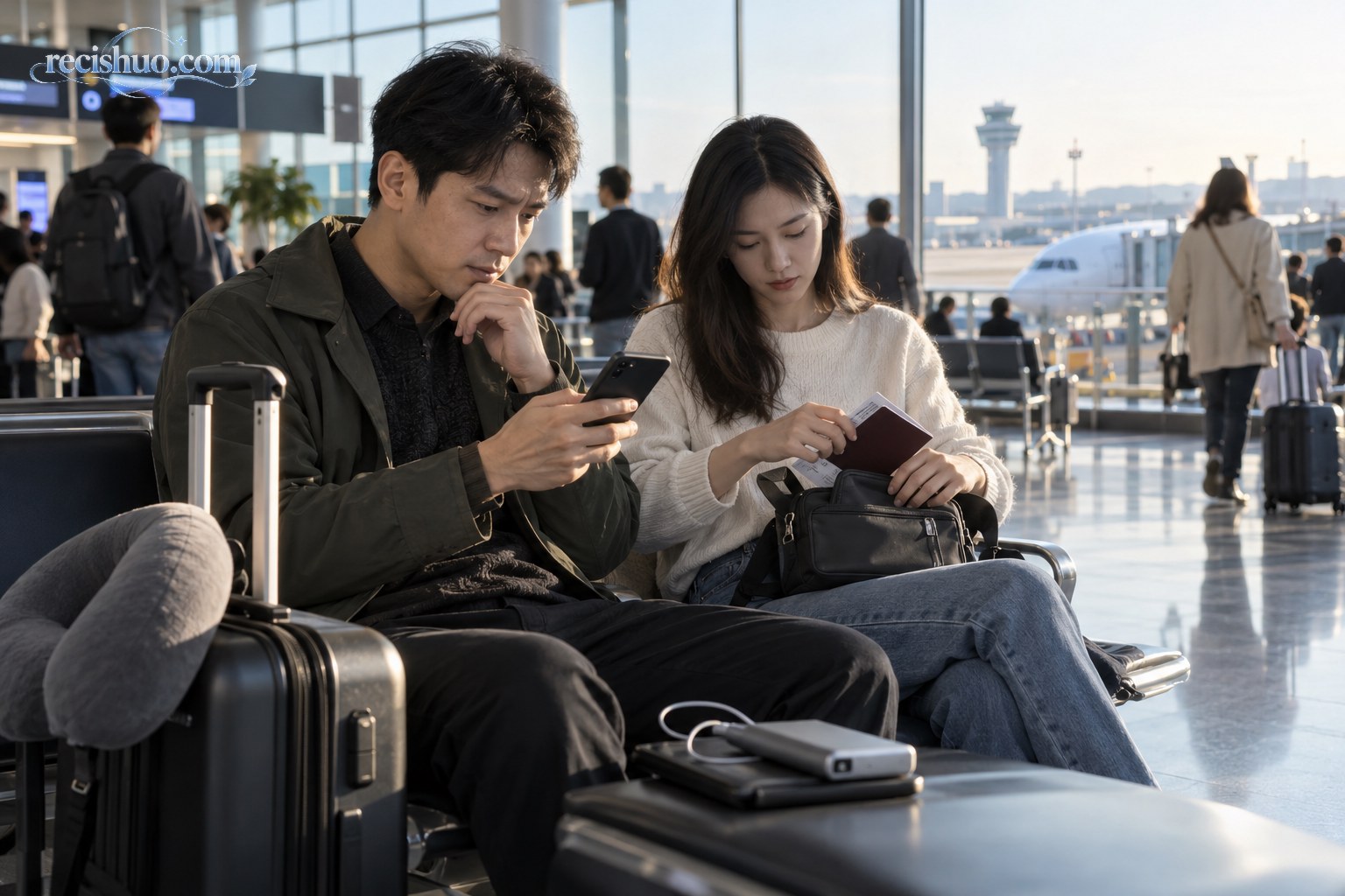 旅客在机场整理证件并通过手机确认航班动态