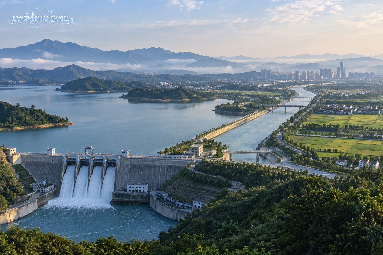 水库、水利枢纽、输水通道与远处城市农田相互衔接的国家水网建设场景