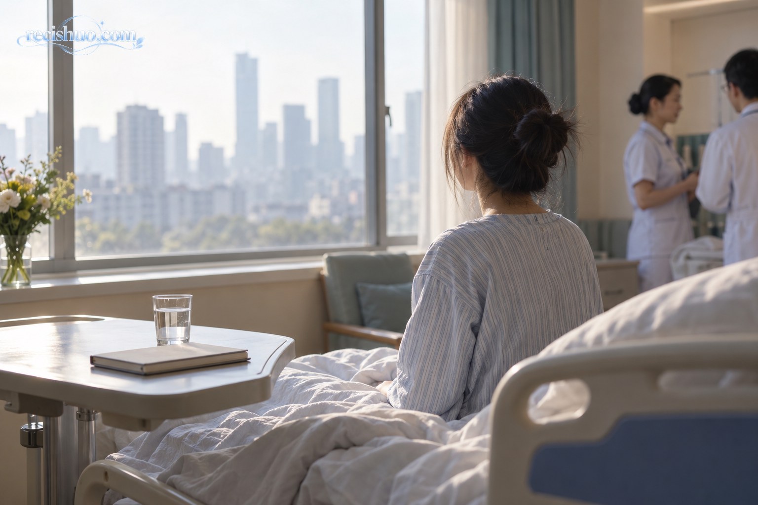 年轻女性在医院病房窗边静坐,远处医护人员正在交流