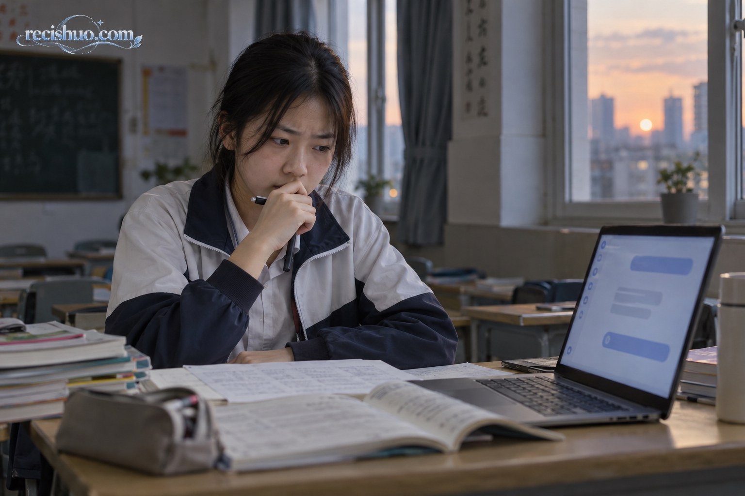 傍晚教室里,一名中学生面对练习册和电脑停笔思考