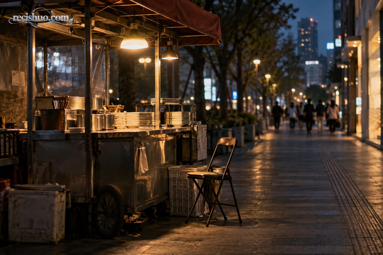 夜幕下已经收摊的街边小吃摊与一把空椅子