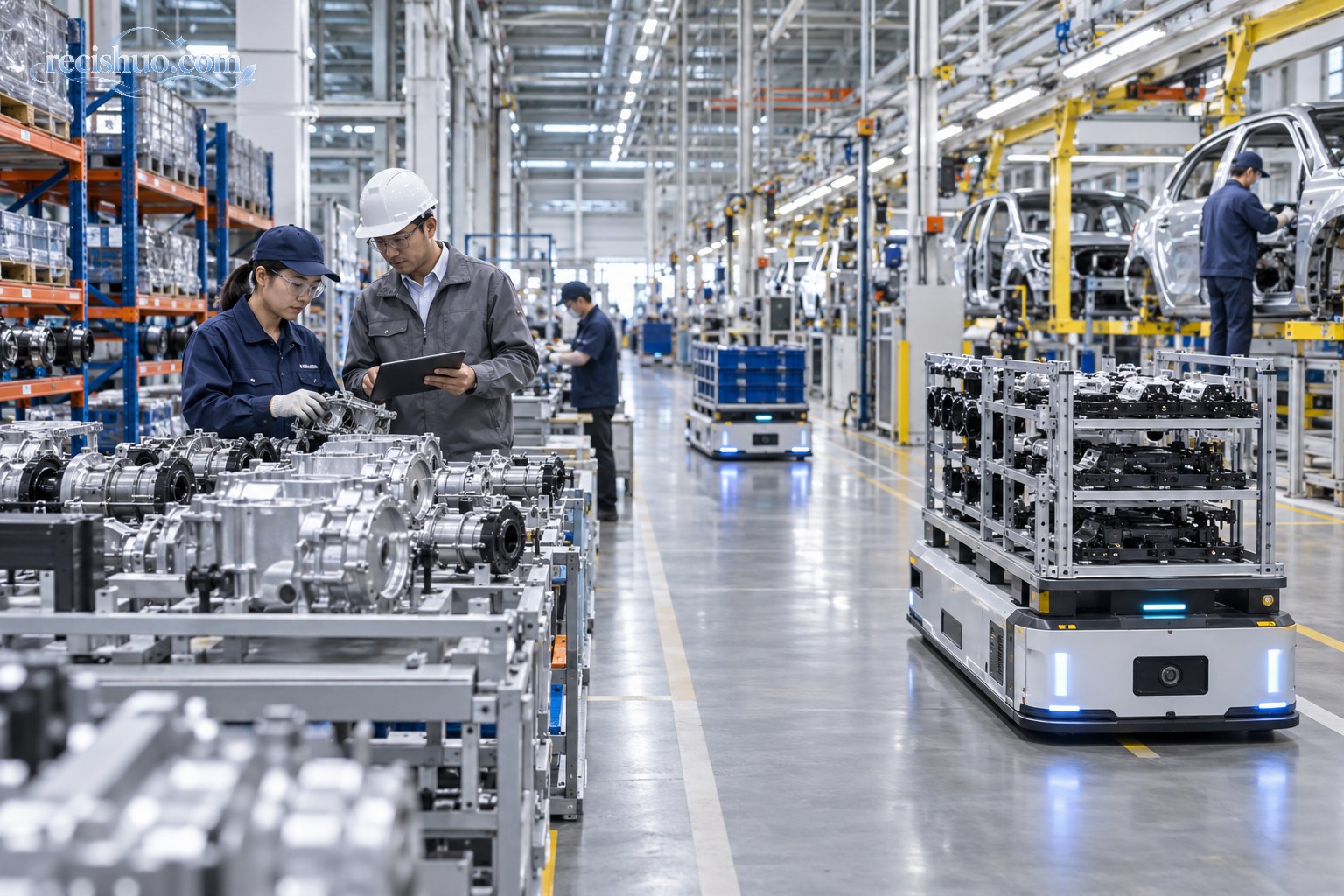 汽车零部件智能工厂内工作人员检查部件并协调自动化物流运输